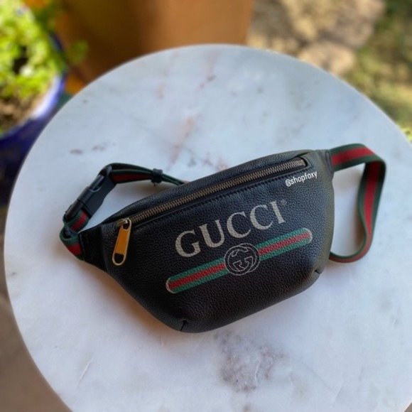 Gucci Handbags - SOLD Gucci Grained Calfskin Web Logo Print Small Belt Bag